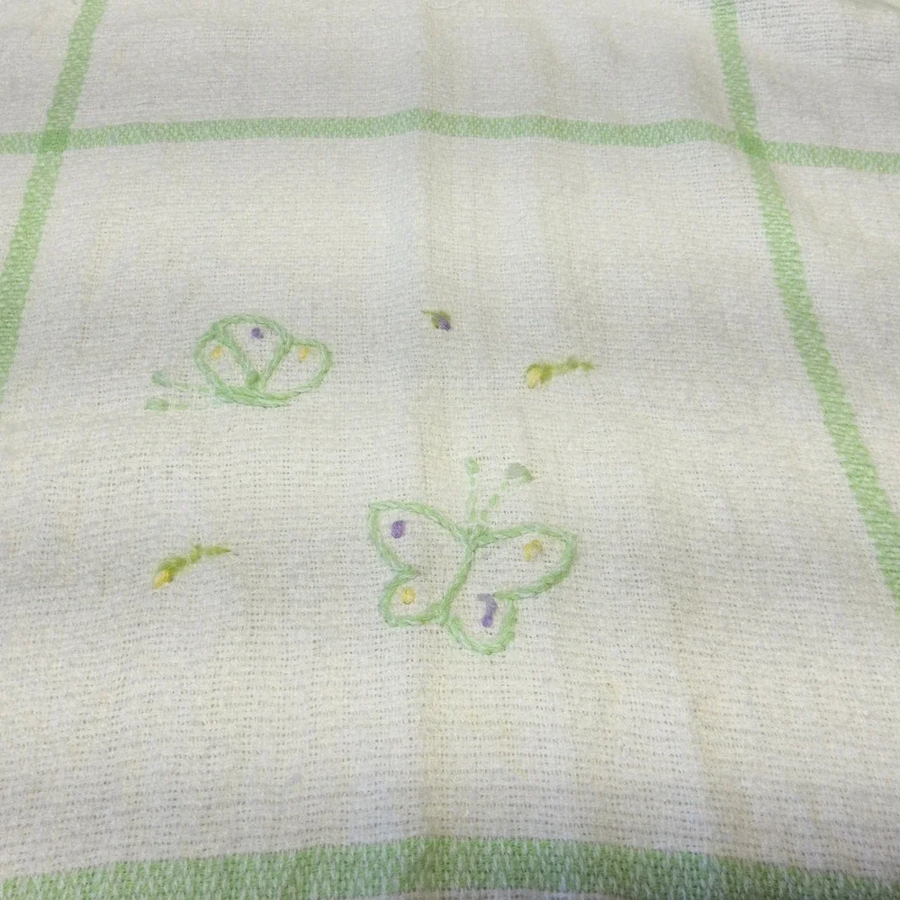 The Three Weavers Handwoven Baby Blanket Kids Green White Butterfly Plaid Fringe
